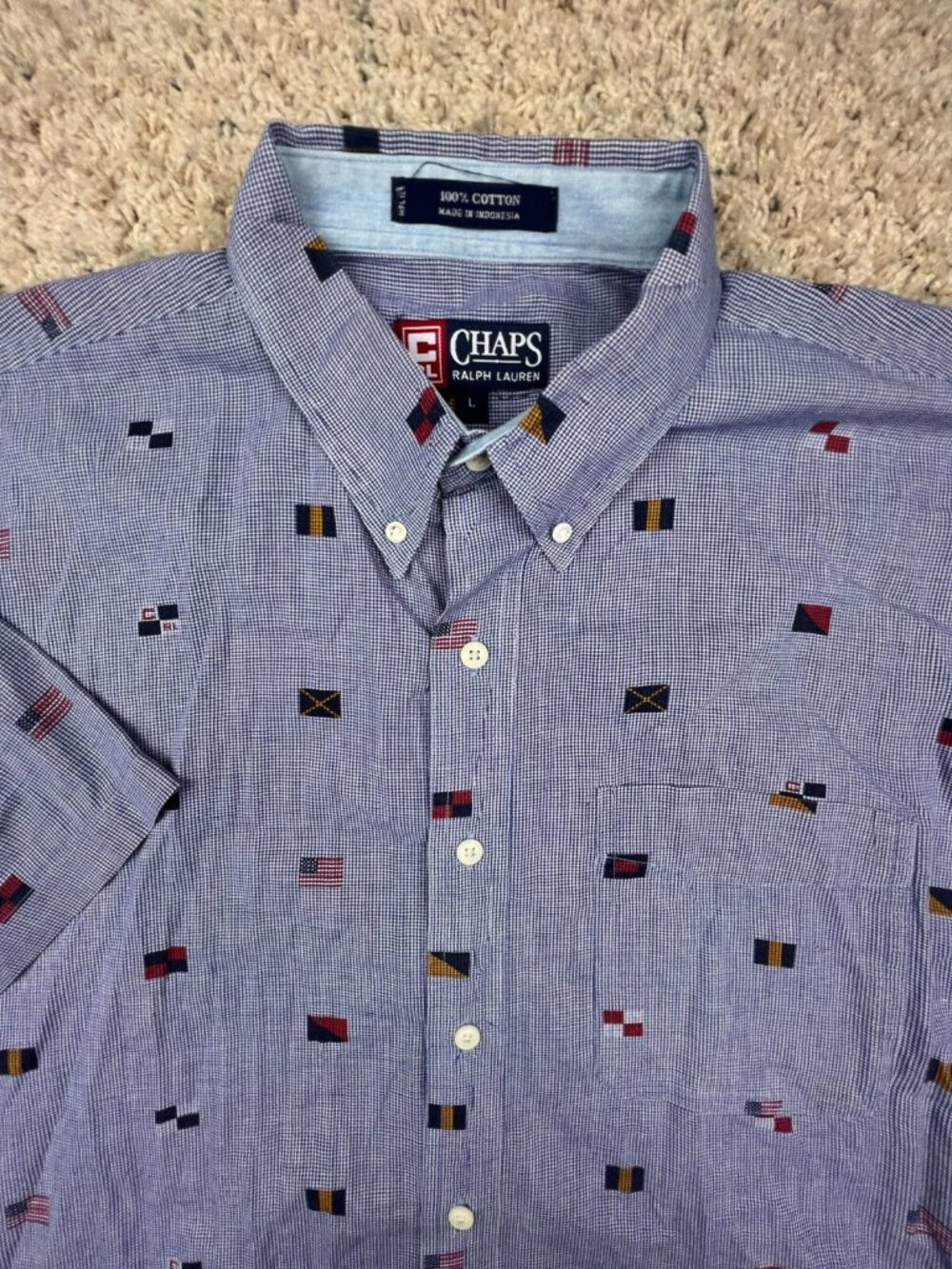 CHAPS Ralph Lauren Shirt Large Blue Check Button Up S/S Travel Countries Flags